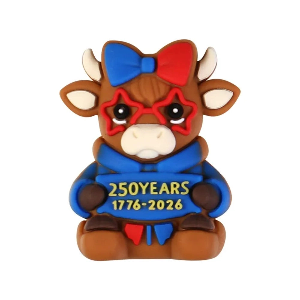 Patriotic God Bless USA silicone focal beads in red, white, and blue featuring roosters, highland cows with heart sunglasses, bows, and coffee mugs on a white background. - 1
