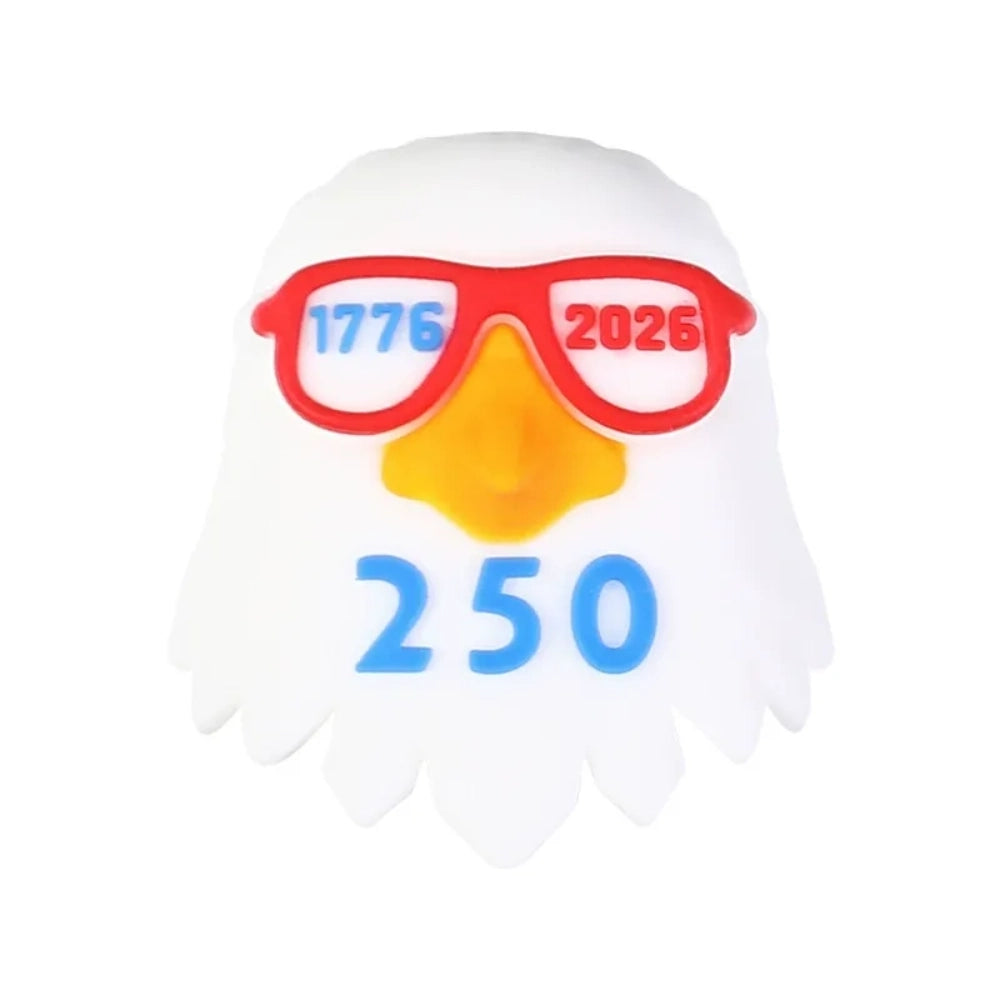 Patriotic God Bless USA silicone focal beads in red, white, and blue featuring roosters, highland cows with heart sunglasses, bows, and coffee mugs on a white background. - 10
