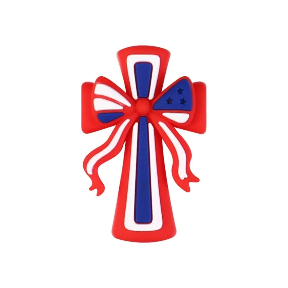 Patriotic God Bless USA silicone focal beads in red, white, and blue featuring roosters, highland cows with heart sunglasses, bows, and coffee mugs on a white background. - 2