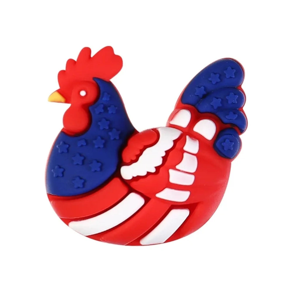 Patriotic God Bless USA silicone focal beads in red, white, and blue featuring roosters, highland cows with heart sunglasses, bows, and coffee mugs on a white background. - 3