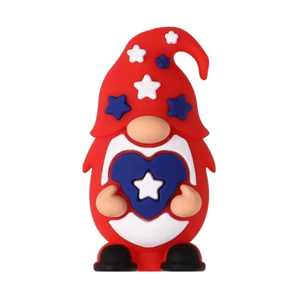 Patriotic God Bless USA silicone focal beads in red, white, and blue featuring roosters, highland cows with heart sunglasses, bows, and coffee mugs on a white background. - 4