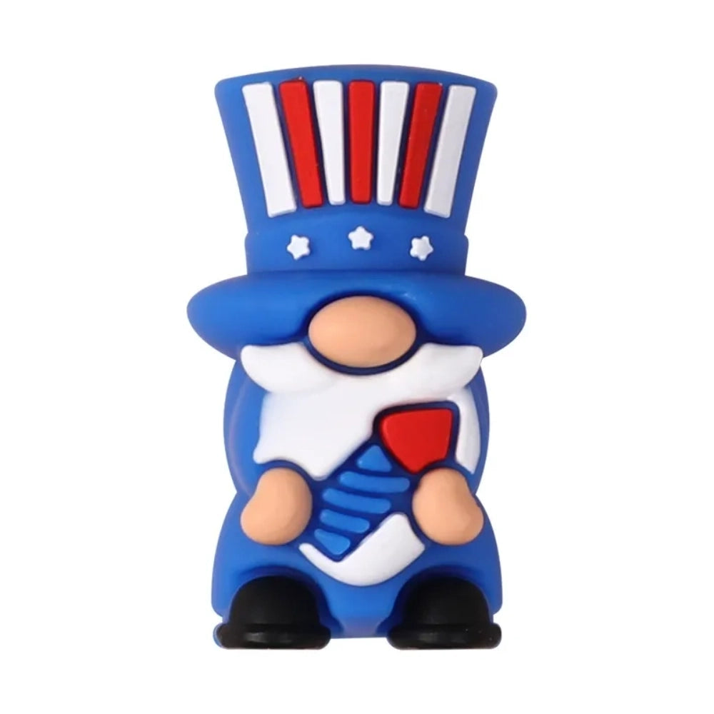 Patriotic God Bless USA silicone focal beads in red, white, and blue featuring roosters, highland cows with heart sunglasses, bows, and coffee mugs on a white background. - 5
