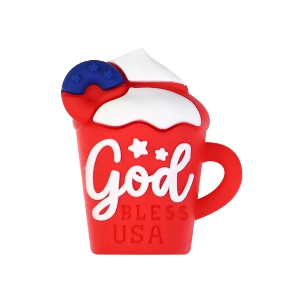 Patriotic God Bless USA silicone focal beads in red, white, and blue featuring roosters, highland cows with heart sunglasses, bows, and coffee mugs on a white background. - 6