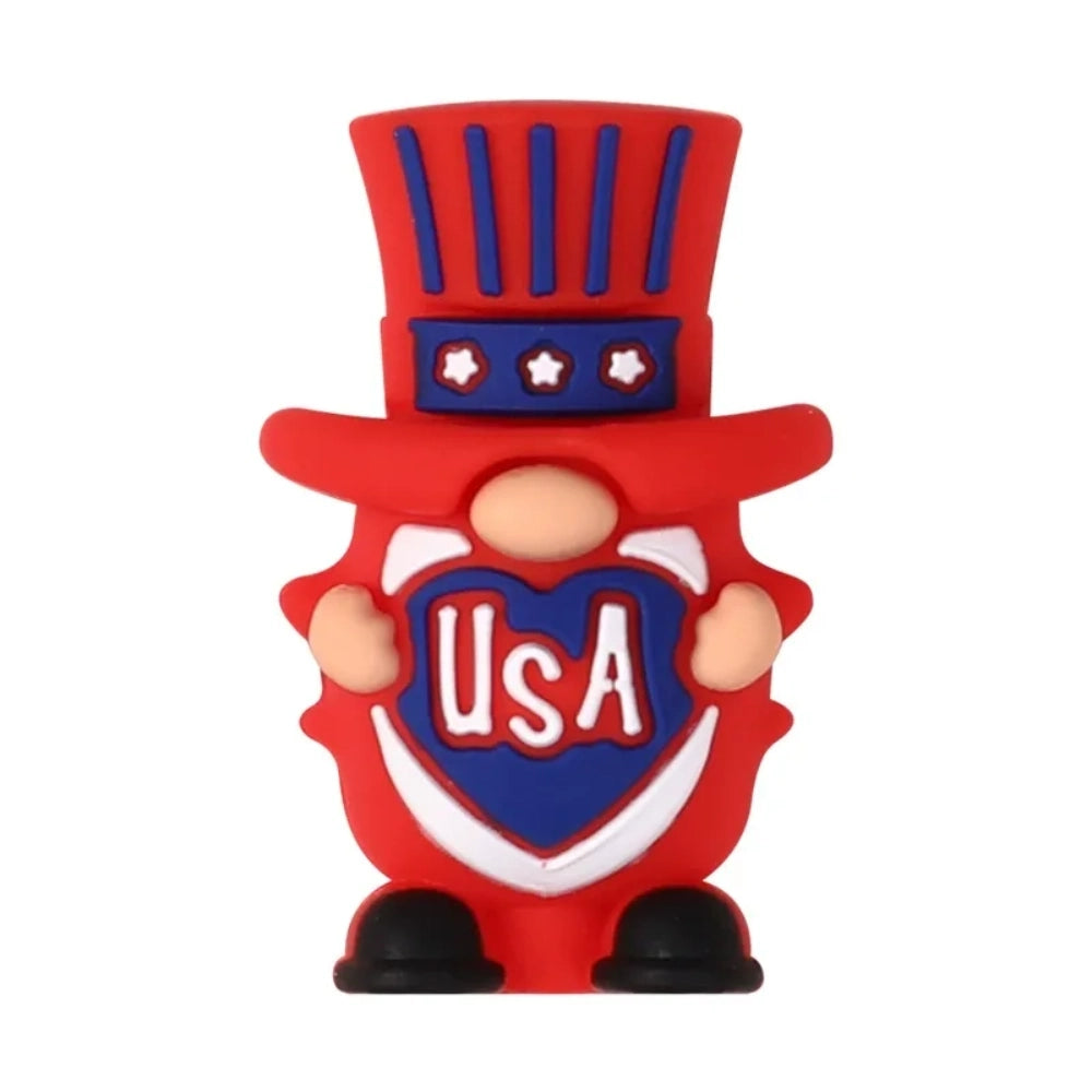 Patriotic God Bless USA silicone focal beads in red, white, and blue featuring roosters, highland cows with heart sunglasses, bows, and coffee mugs on a white background. - 7