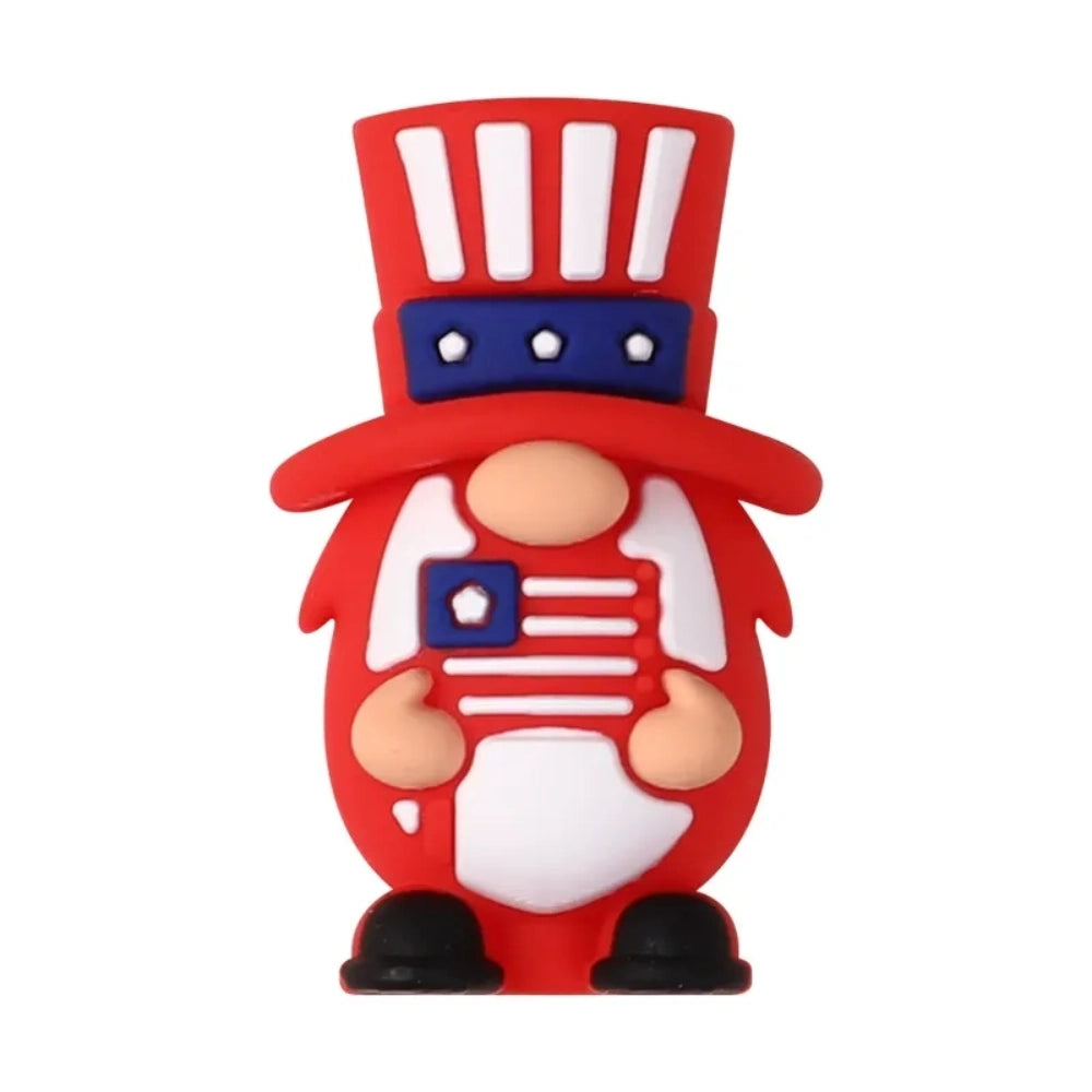 Patriotic God Bless USA silicone focal beads in red, white, and blue featuring roosters, highland cows with heart sunglasses, bows, and coffee mugs on a white background. - 9