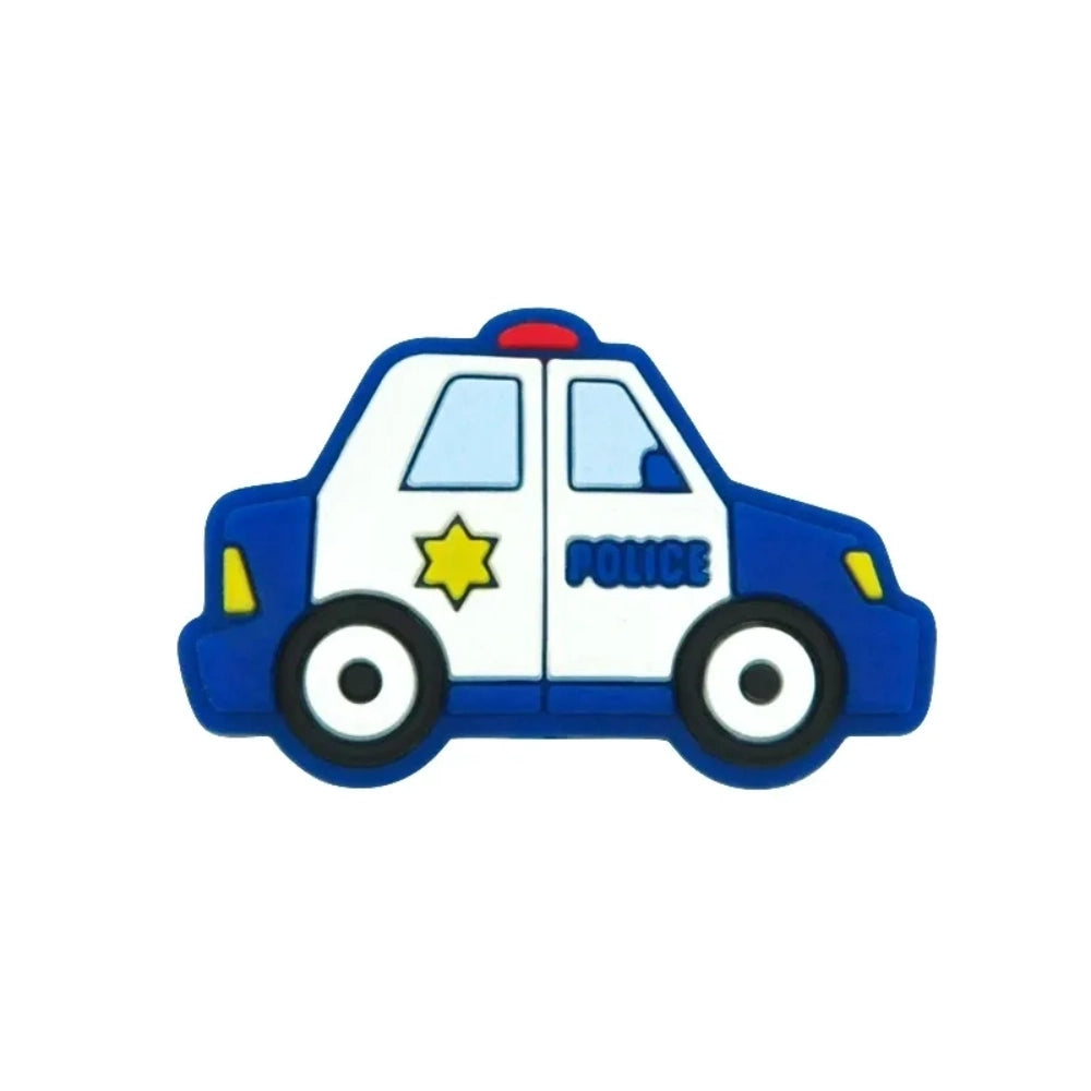 Six cartoon police car silicone focal beads in white, blue, black, mint green, light teal, and yellow displayed on a small wooden bench against a blue background, each featuring a gold sheriff star badge and POLICE text. - 3