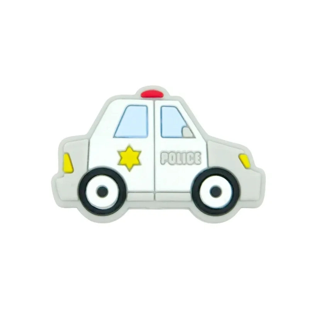 Six cartoon police car silicone focal beads in white, blue, black, mint green, light teal, and yellow displayed on a small wooden bench against a blue background, each featuring a gold sheriff star badge and POLICE text. - 6