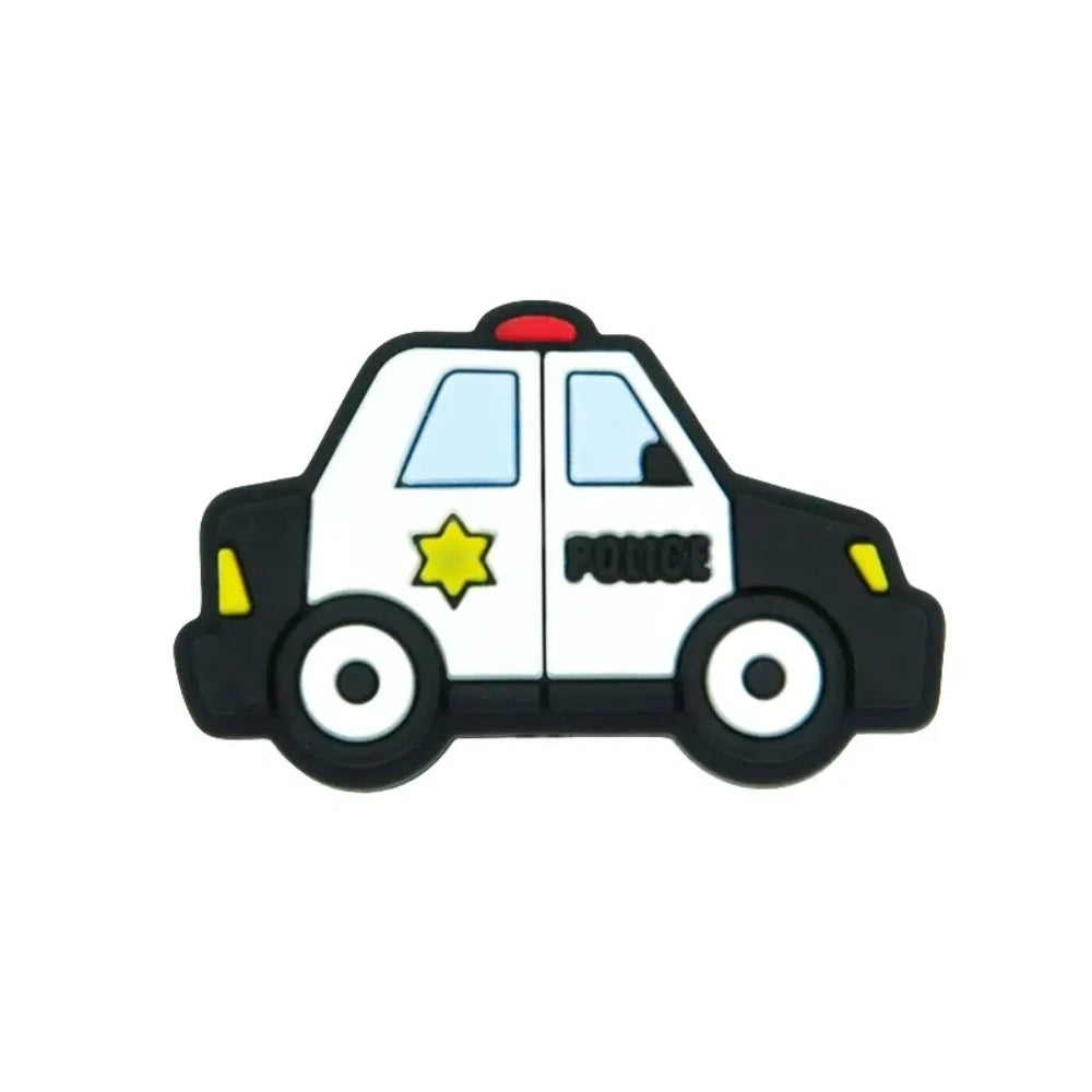 Six cartoon police car silicone focal beads in white, blue, black, mint green, light teal, and yellow displayed on a small wooden bench against a blue background, each featuring a gold sheriff star badge and POLICE text. - 8