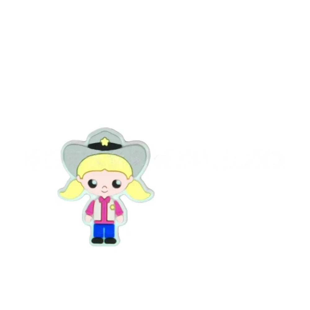 Assorted police girl silicone focal beads in multiple skin tones displayed on a white ceramic dish, featuring cute cartoon cop characters in blue uniforms with stars, perfect for beadable pens, keychains, and badge reels. - 2