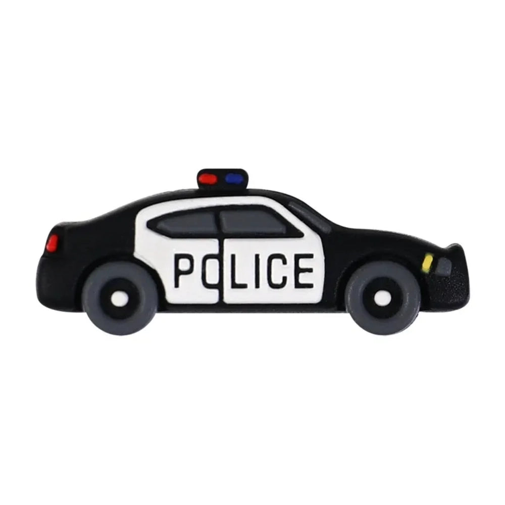 Assorted police-themed 3D silicone focal beads including black and white patrol cars, blue police cars, black police uniforms, light blue officer shirts, and yellow high-visibility police vests - Black Police Car