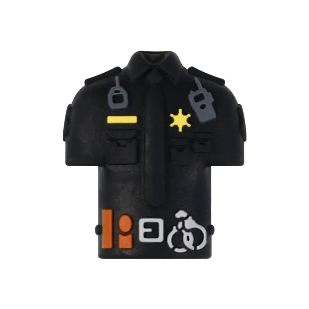 Assorted police-themed 3D silicone focal beads including black and white patrol cars, blue police cars, black police uniforms, light blue officer shirts, and yellow high-visibility police vests - Black Uniform