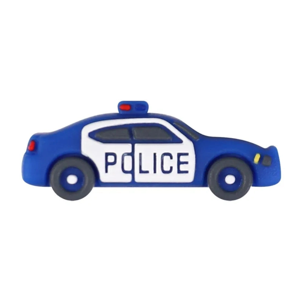 Assorted police-themed 3D silicone focal beads including black and white patrol cars, blue police cars, black police uniforms, light blue officer shirts, and yellow high-visibility police vests - Blue Police car