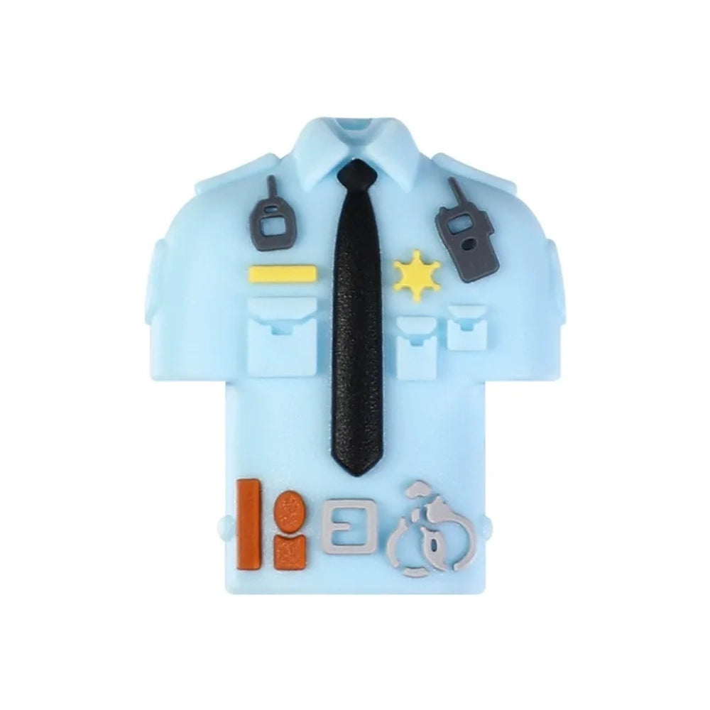 Assorted police-themed 3D silicone focal beads including black and white patrol cars, blue police cars, black police uniforms, light blue officer shirts, and yellow high-visibility police vests - Blue Uniform