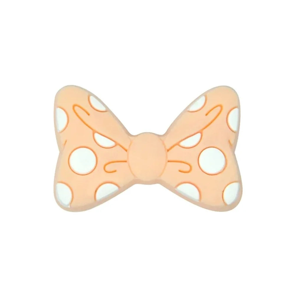 Assorted pastel and bold color polka dot bow silicone focal beads with white dots, arranged in a circle on a white background, for DIY jewelry making and beadable pens. - 1