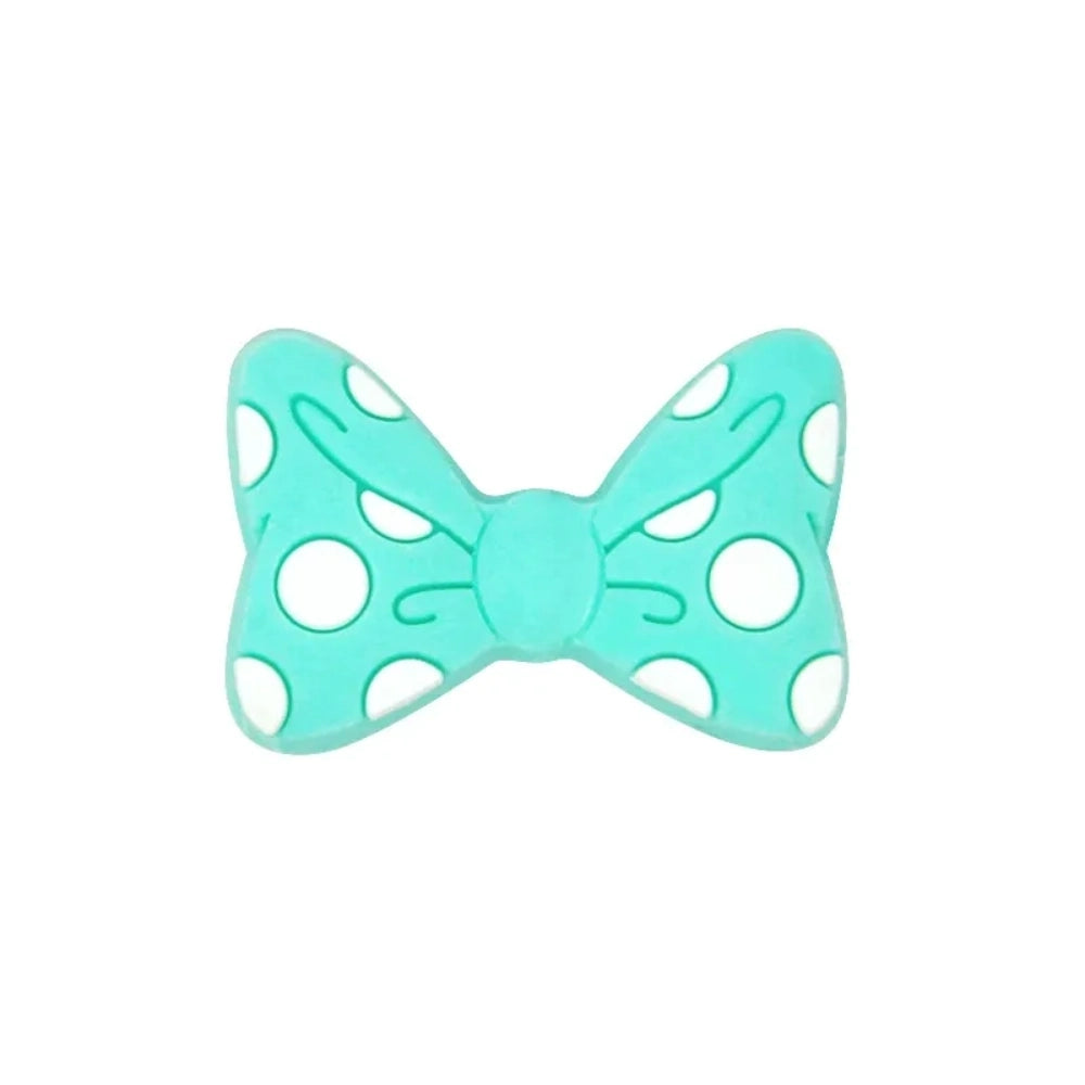 Assorted pastel and bold color polka dot bow silicone focal beads with white dots, arranged in a circle on a white background, for DIY jewelry making and beadable pens. - 2