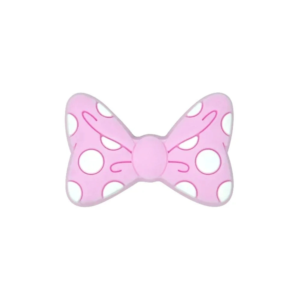 Assorted pastel and bold color polka dot bow silicone focal beads with white dots, arranged in a circle on a white background, for DIY jewelry making and beadable pens. - 4