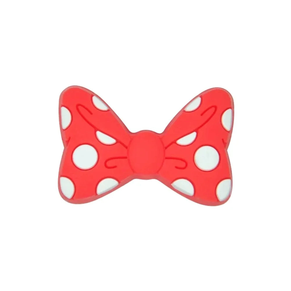 Assorted pastel and bold color polka dot bow silicone focal beads with white dots, arranged in a circle on a white background, for DIY jewelry making and beadable pens. - 5