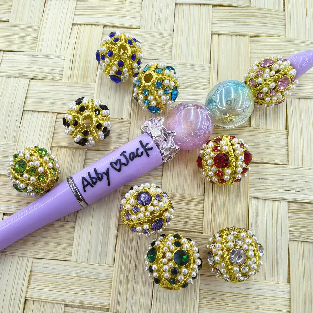 Rhinestone and Pearls Golden Metal Beads