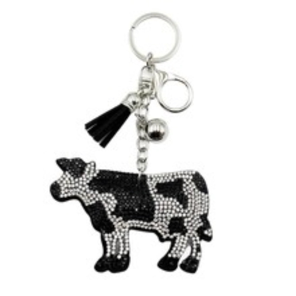 Rhinestone black and white cow keychain charm with silver tassel and bell, crystal beaded dairy cow pendant for DIY jewelry making
