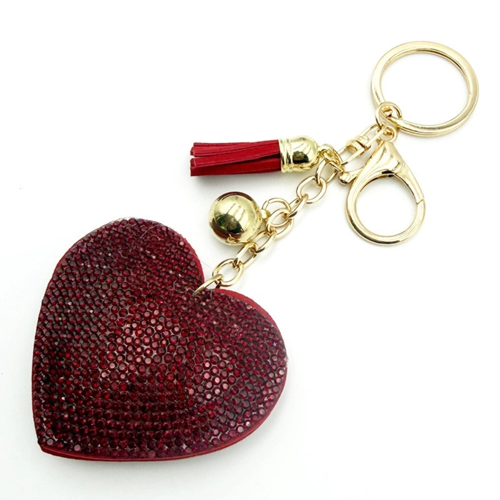 Assorted rhinestone crystal heart-shaped keychains with colorful tassels and lobster clasp in silver and gold tones, available in pink, red, green, yellow, silver, and magenta. - Burgundy
