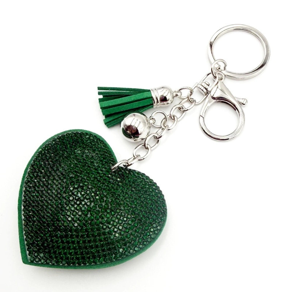 Assorted rhinestone crystal heart-shaped keychains with colorful tassels and lobster clasp in silver and gold tones, available in pink, red, green, yellow, silver, and magenta. - Dark Green