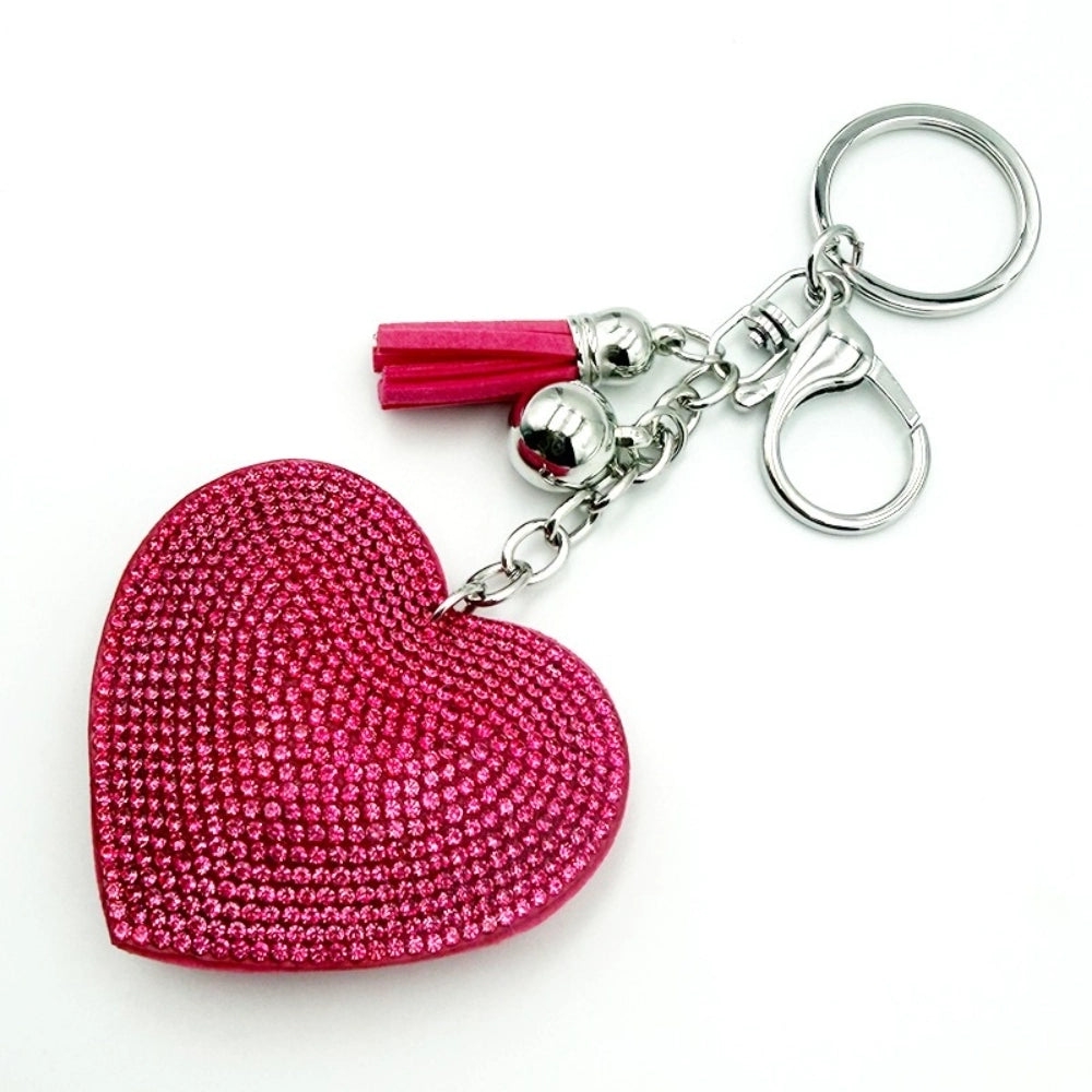 Assorted rhinestone crystal heart-shaped keychains with colorful tassels and lobster clasp in silver and gold tones, available in pink, red, green, yellow, silver, and magenta. - Rose Red