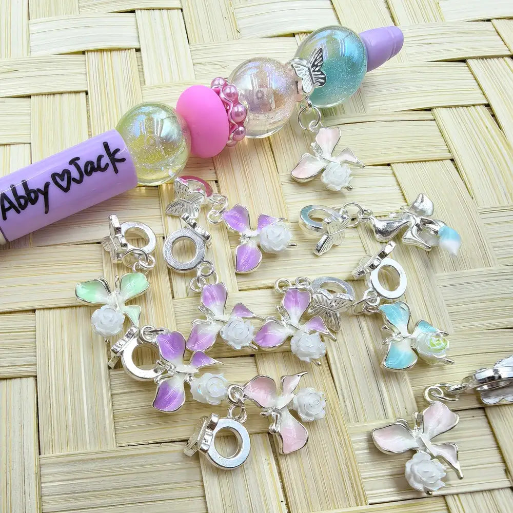 Rose with Leaves Dangle Charm Pendant Butterfly Silver Metal Bail Beads - Random Mix