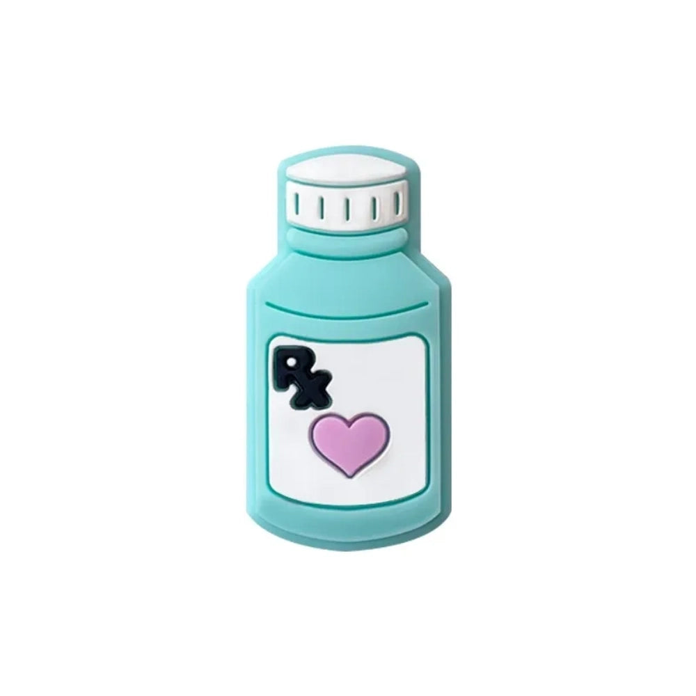 Five colorful silicone RX pill bottle focal beads in purple, teal, yellow, light yellow, and pink, each featuring a heart and RX label design, for DIY crafts and beadable pens. - Blue