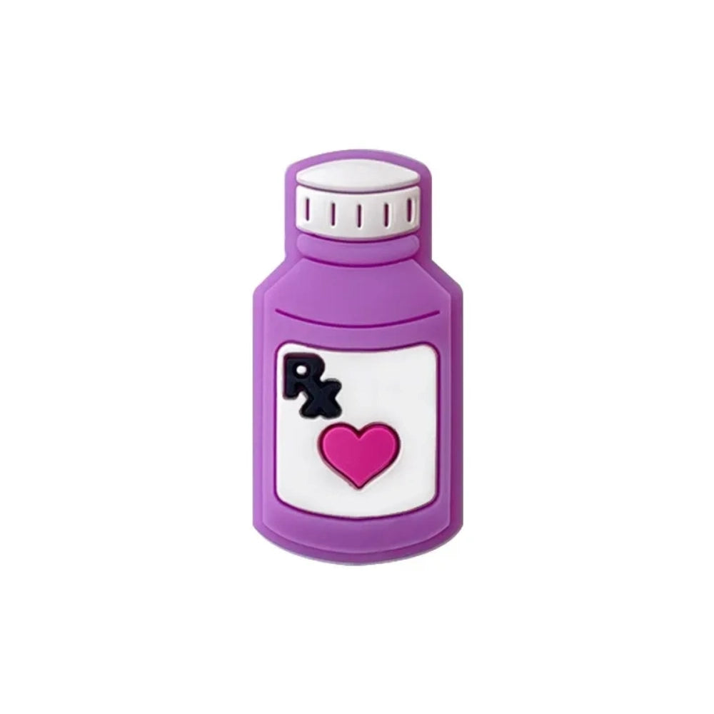Five colorful silicone RX pill bottle focal beads in purple, teal, yellow, light yellow, and pink, each featuring a heart and RX label design, for DIY crafts and beadable pens. - Purple