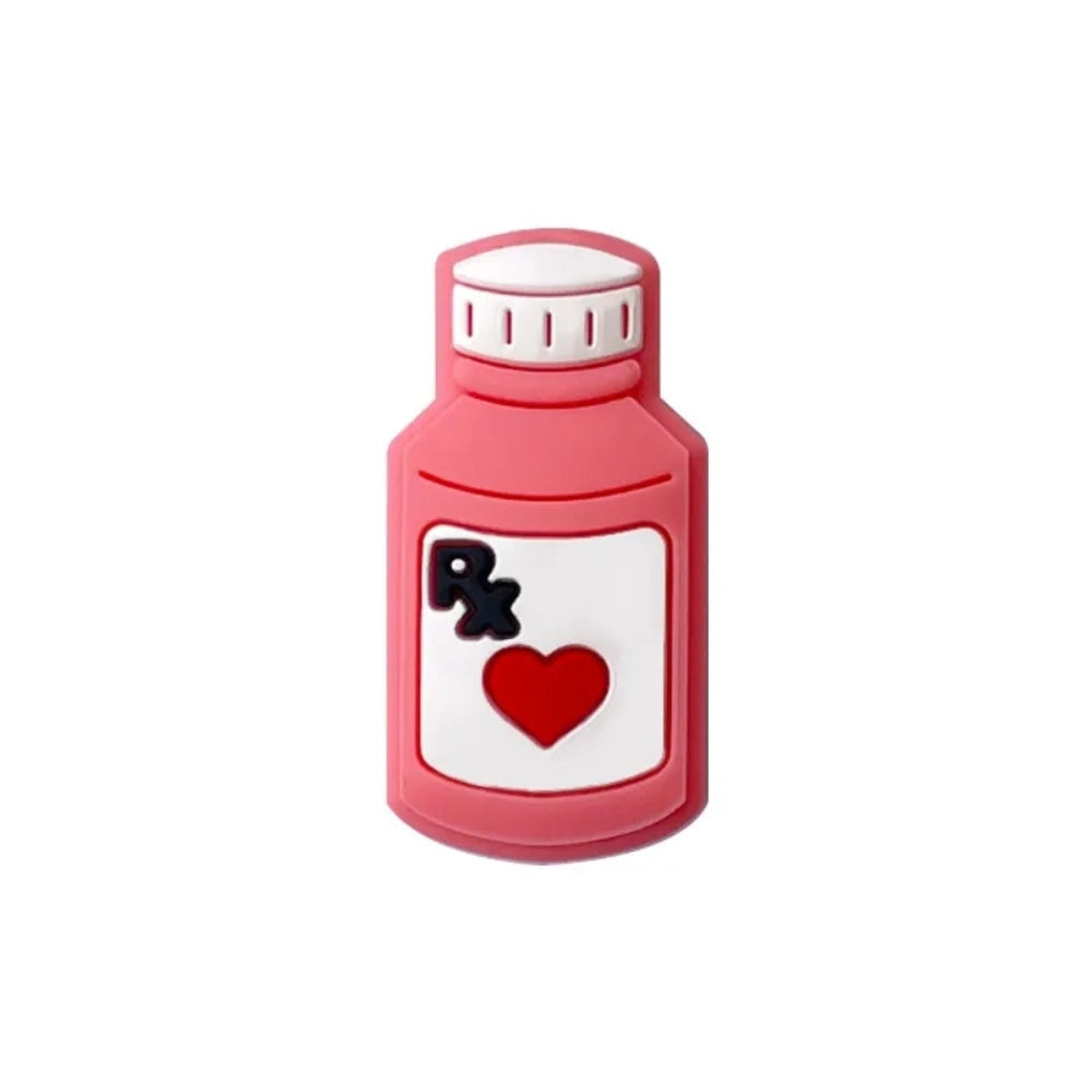 Five colorful silicone RX pill bottle focal beads in purple, teal, yellow, light yellow, and pink, each featuring a heart and RX label design, for DIY crafts and beadable pens. - Rose Red