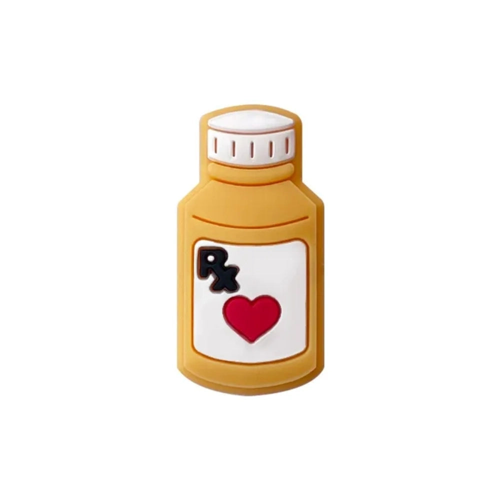 Five colorful silicone RX pill bottle focal beads in purple, teal, yellow, light yellow, and pink, each featuring a heart and RX label design, for DIY crafts and beadable pens. - Yellow