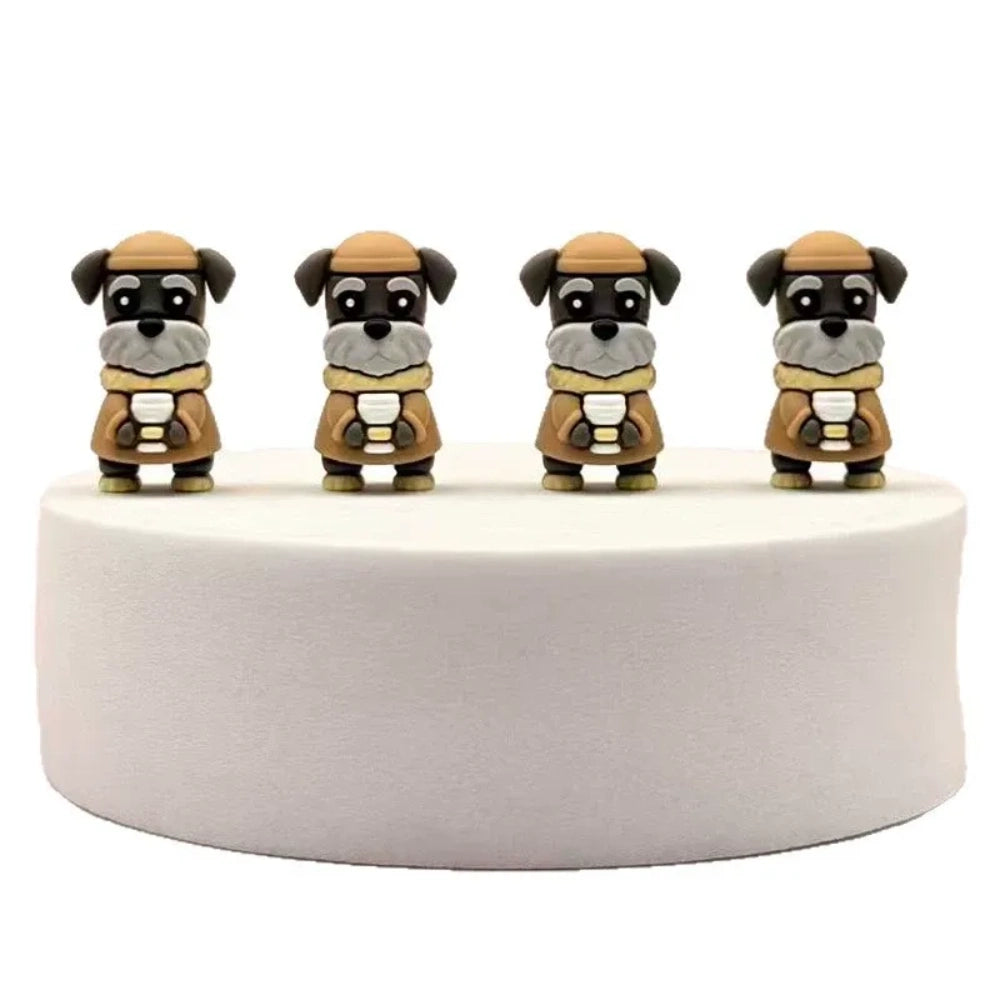 Four 3D silicone focal beads shaped like cartoon Schnauzer dogs wearing brown coats and hats, holding coffee cups, displayed on a white round platform.