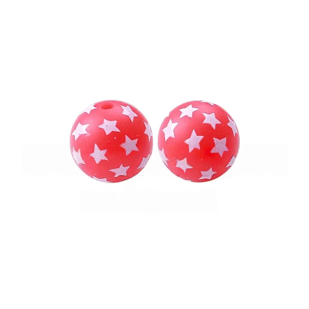 15mm Five-Pointed Star on Red Printed Silicone Bead for DIY Pens Keychains