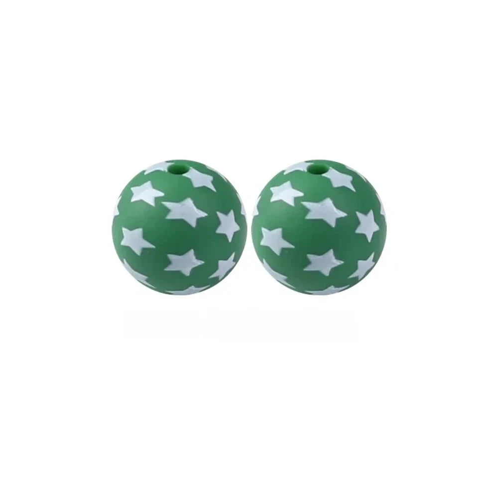 15mm Five-Pointed Star on Green Printed Silicone Bead for DIY Pens Keychains