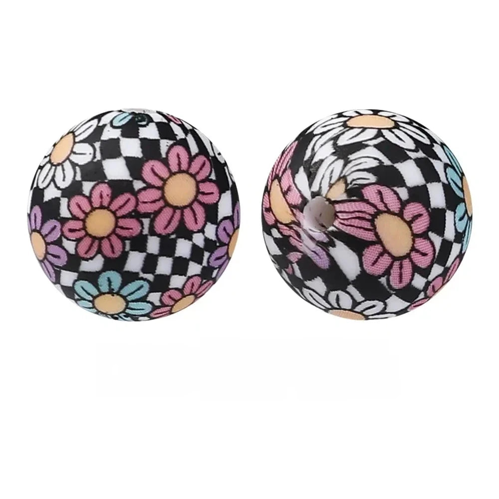 15mm Checkered Flowers Printed Silicone Bead for DIY Pens Keychain