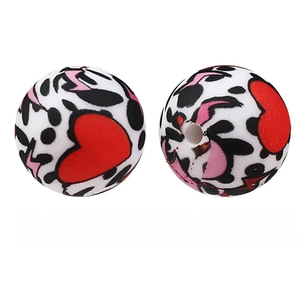 15mm Cow Heart Lightning Pattern Printed Silicone Bead for DIY Pens Bracelet