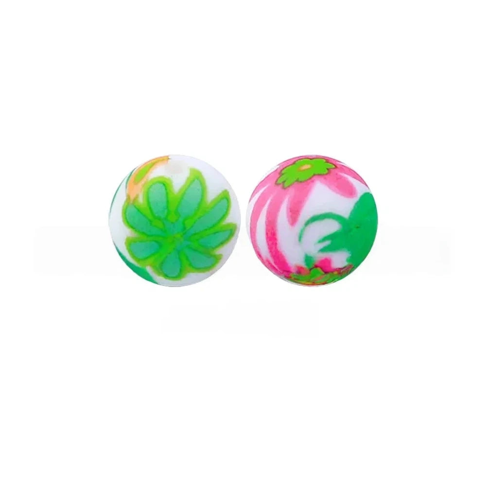 15mm Red Green Flower Printed Silicone Bead for DIY Pens Bracelet
