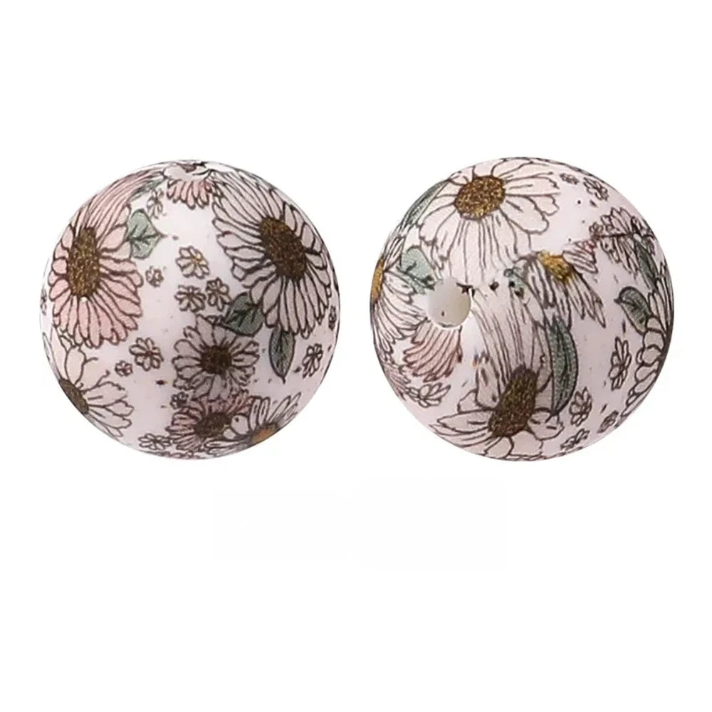 15mm Daisy Printed Silicone Bead for DIY Pens Keychain