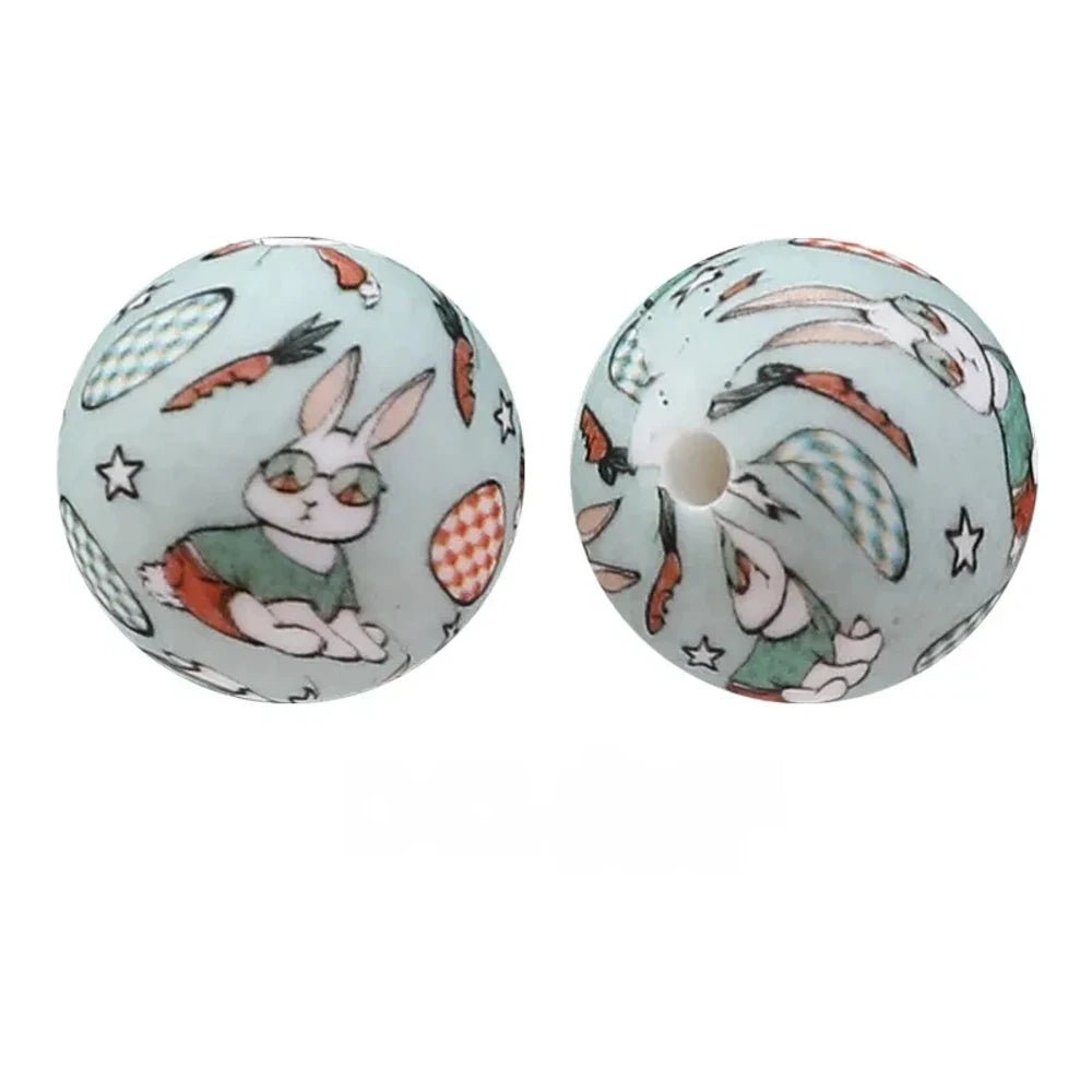 15mm Easter Bunny Printed Silicone Bead for DIY Pens Keychains