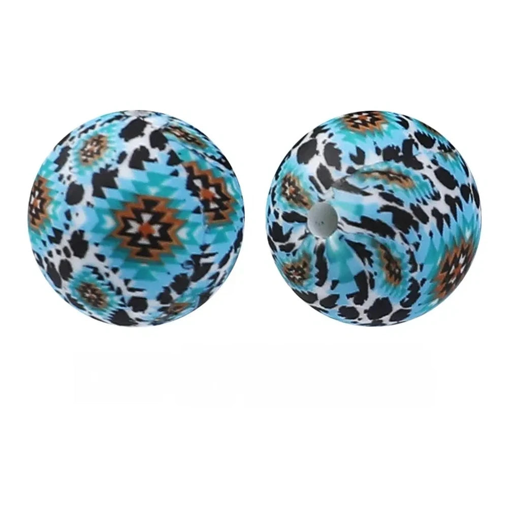 15mm Cow Blue Diamond Pattern Printed Silicone Bead for DIY Pens Keychain