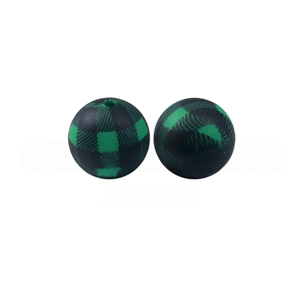 15mm Green and Black Checkered Pattern Printed Silicone Bead for DIY Pens Keychains
