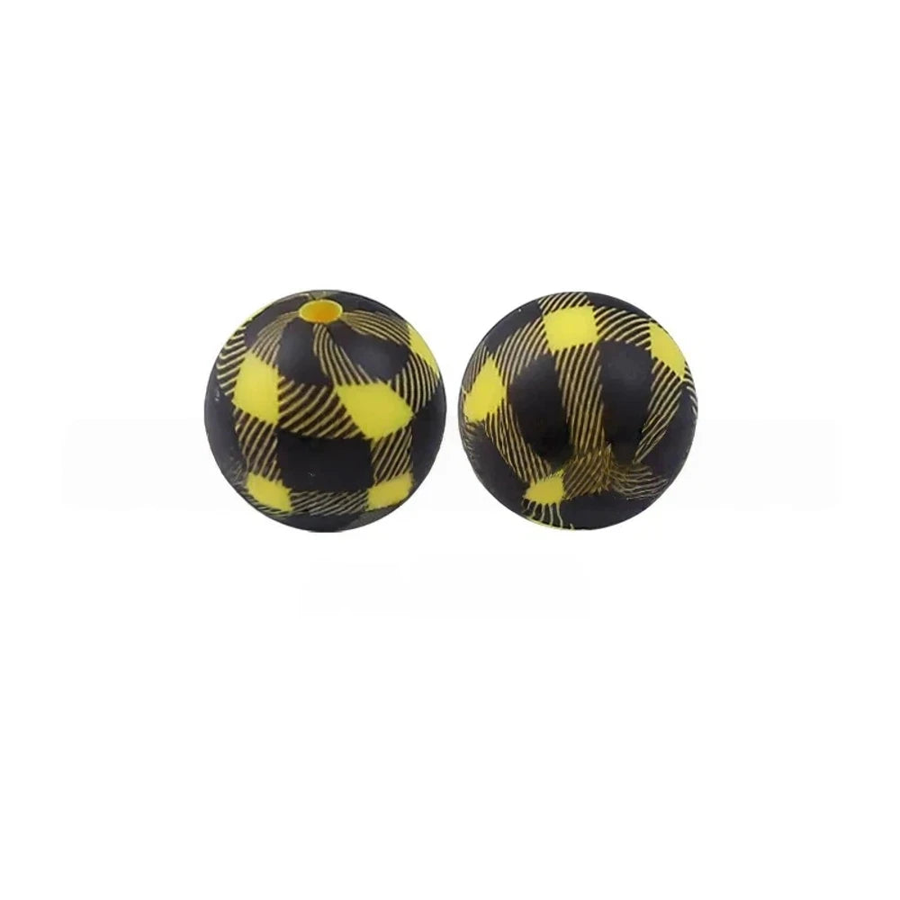 15mm Yellow and Black Checkered Pattern Printed Silicone Bead for DIY Pens Bracelet Keychains