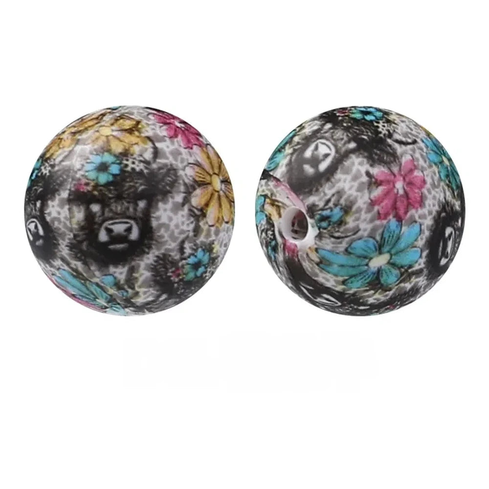 15mm Flower Cow Printed Silicone Bead for DIY Pens Bracelet