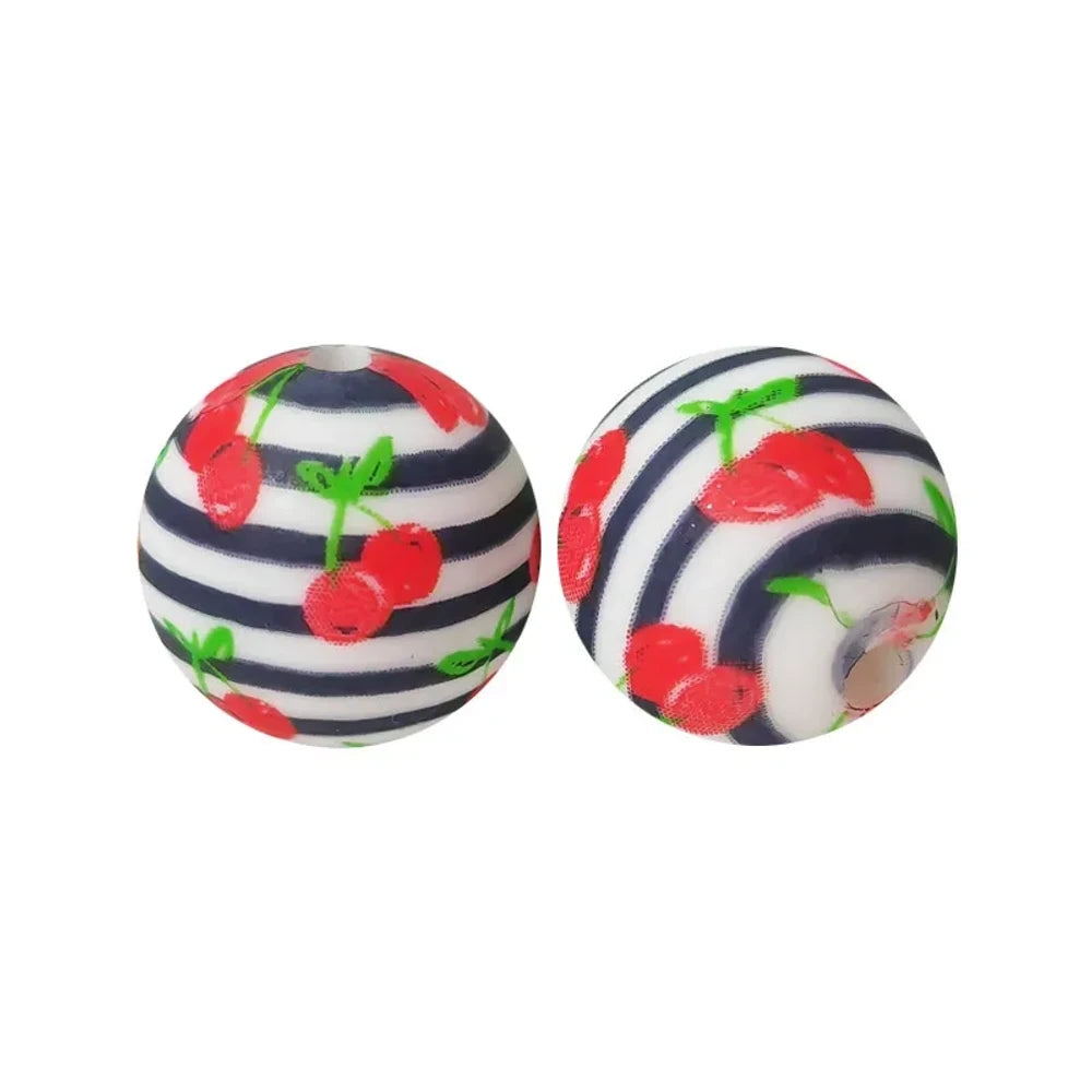 15mm Black and White Stripes with Cherry Printed Silicone Bead for DIY Bracelet Keychains