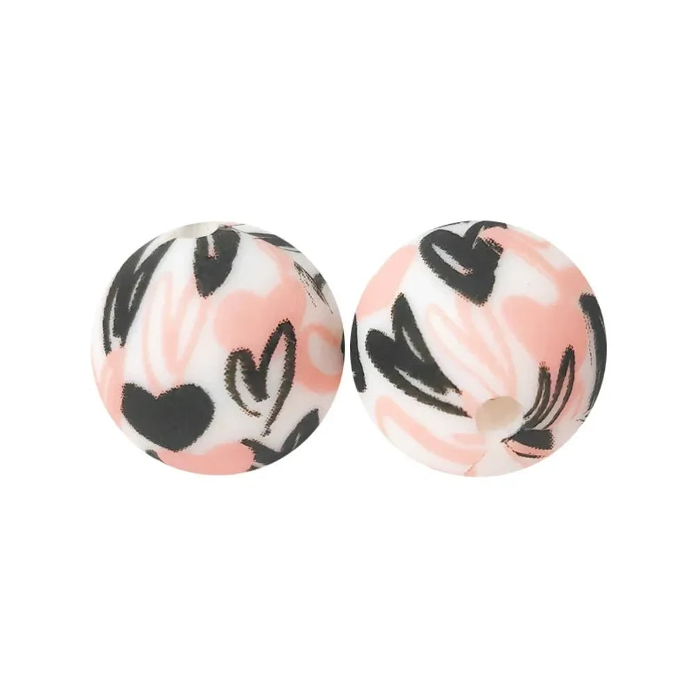15mm Pink and Black Heart Printed Silicone Bead for DIY Keychain