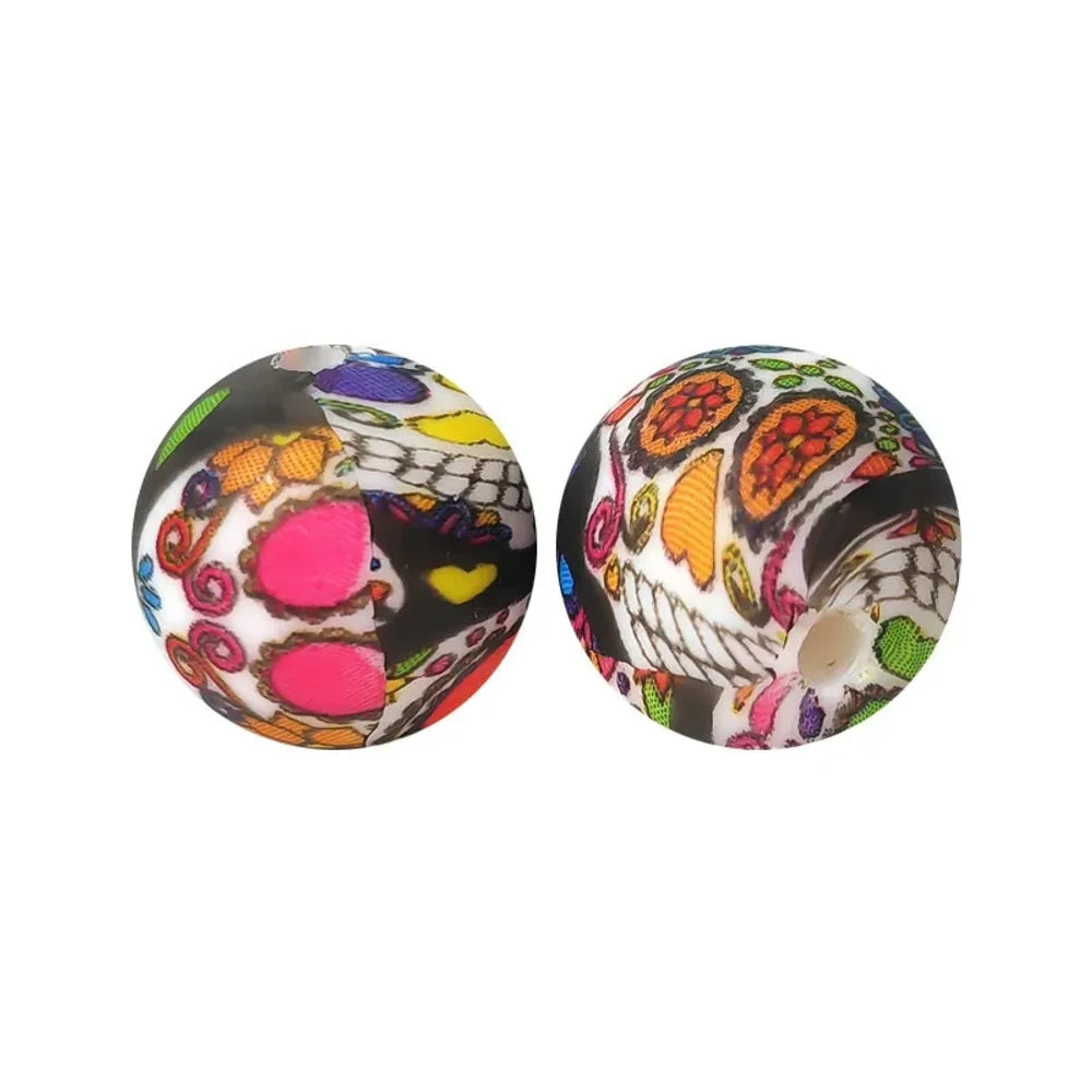15mm Skull Head Printed Silicone Bead for DIY Bracelets Keychains