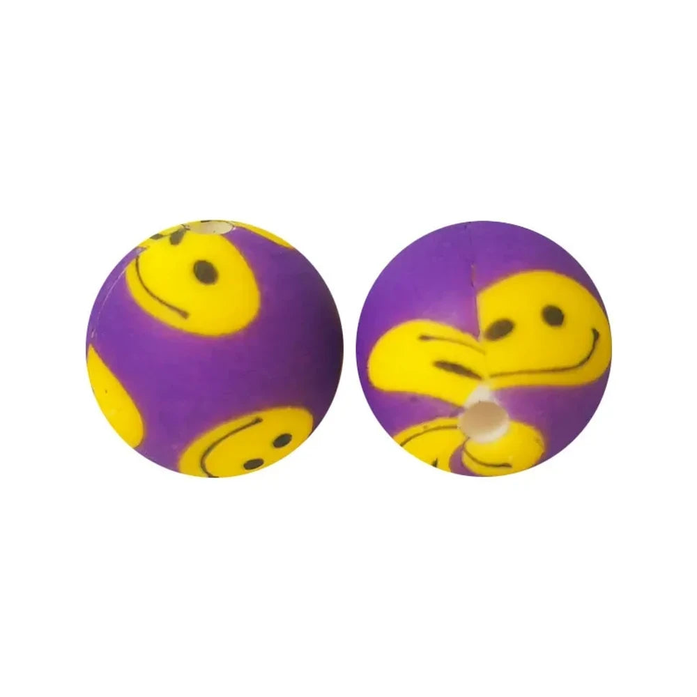 15mm Smiley Face on Purple Printed Silicone Bead for DIY Bracelets Keychain