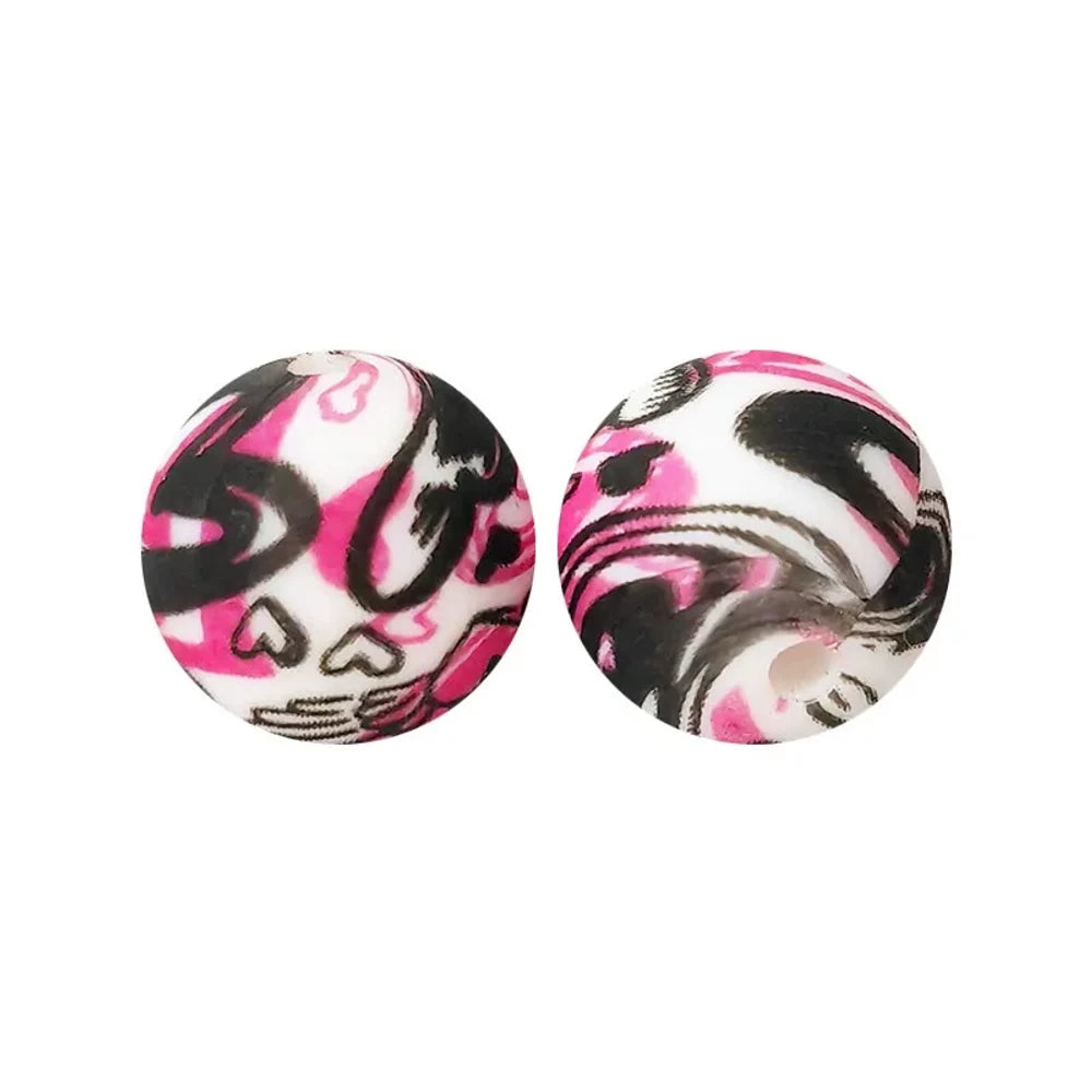 15mm Pink and Black Blend Together with Heart Printed Silicone Bead for DIY Pens Bracelet