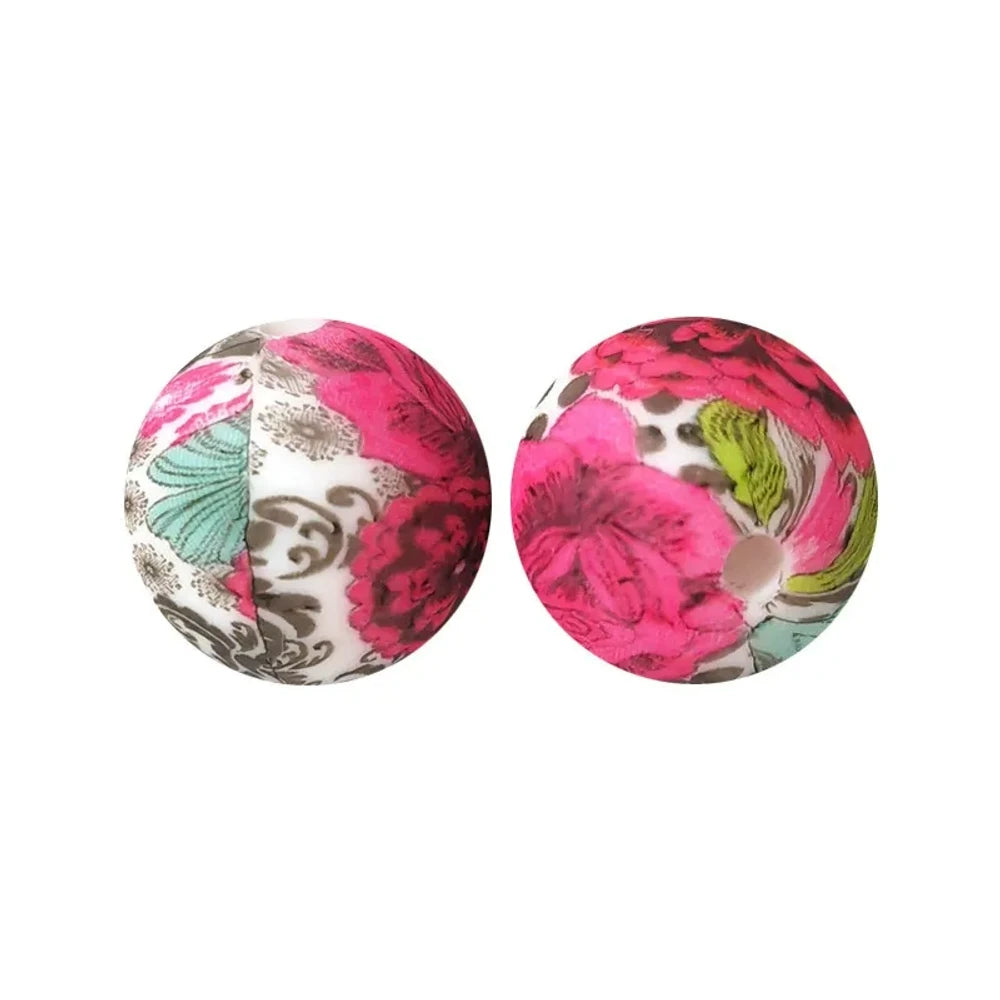 15mm Flowers Printed Silicone Bead for DIY Bracelet Keychains