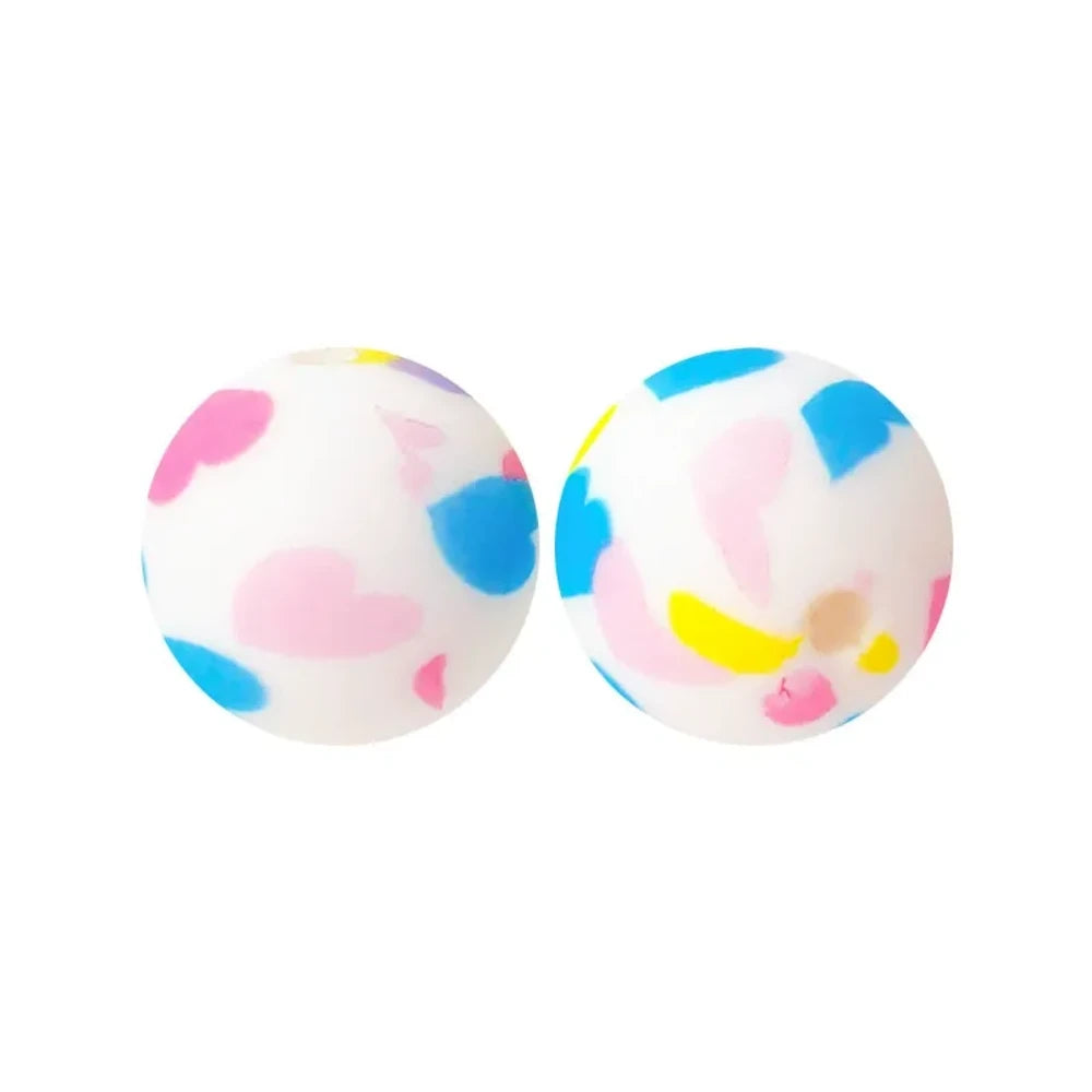 15mm Colorful Heart Printed Silicone Bead for DIY Bracelets Keychain